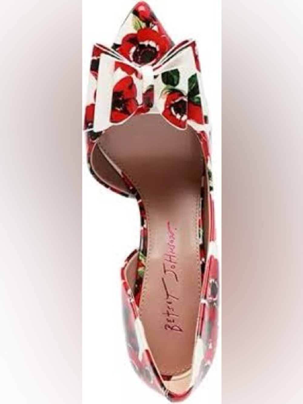 GUC Betsey Johnson Brand Red Rose Floral Bow Pointed-Toe High Heels White Flower - Picture 16 of 16